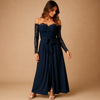 Off-shoulder jumpsuit with lace detailing and side split for women in navy blue, ideal for formal evenings and special occasions.