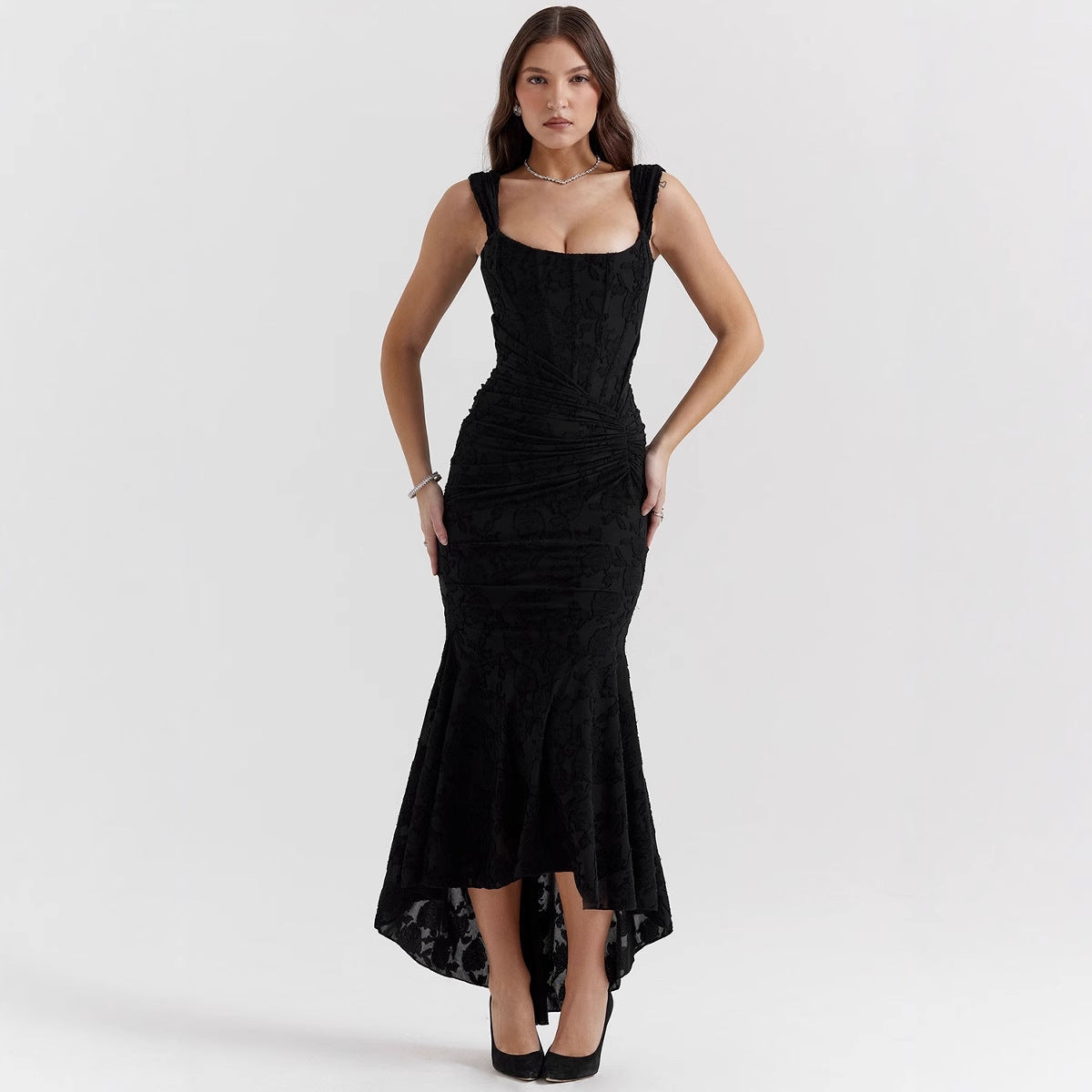 One-shoulder mermaid evening dress with satin feel, ruched waist, and elegant silhouette, perfect for formal occasions.
