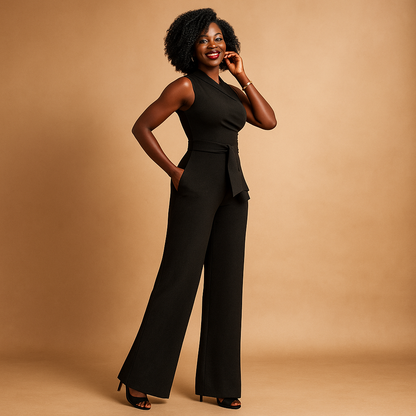 Women’s elegant one-shoulder jumpsuit with wide legs in red or black, perfect for cocktail parties, summer events, or stylish evenings.
