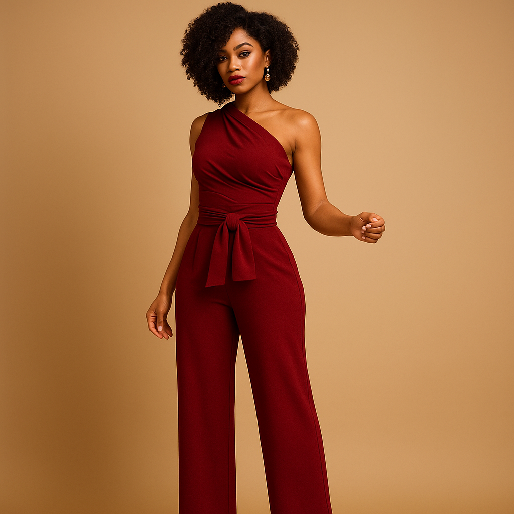 Women’s elegant one-shoulder jumpsuit with wide legs in red or black, perfect for cocktail parties, summer events, or stylish evenings.