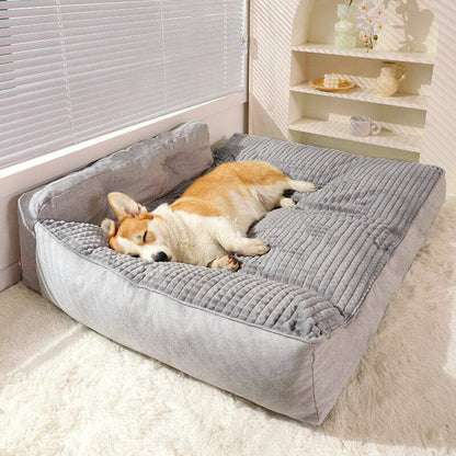 "Orthopedic pet bed with supportive terylene fabric, thick base, built-in pillow, ideal for joint comfort, non-slip design."