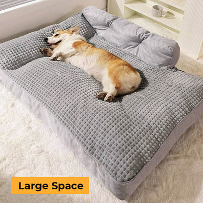 "Orthopedic pet bed with supportive terylene fabric, thick base, built-in pillow, ideal for joint comfort, non-slip design."