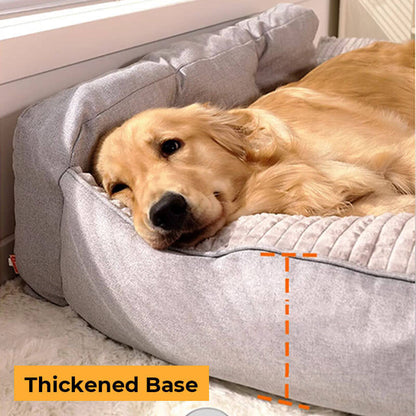 "Orthopedic pet bed with supportive terylene fabric, thick base, built-in pillow, ideal for joint comfort, non-slip design."