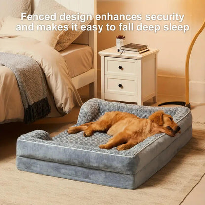 Orthopedic waterproof dog bed with thick foam base, raised edges, and plush cover for ultimate joint support and comfort.