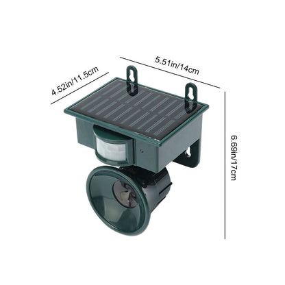 "Outdoor motion sensor bird deterrent with LED light and sound, repels birds, weather-resistant, for gardens and balconies."