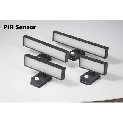 "Outdoor PIR motion sensor wall light, black aluminium, IP65 waterproof, rotatable design, warm white glow, modern style."