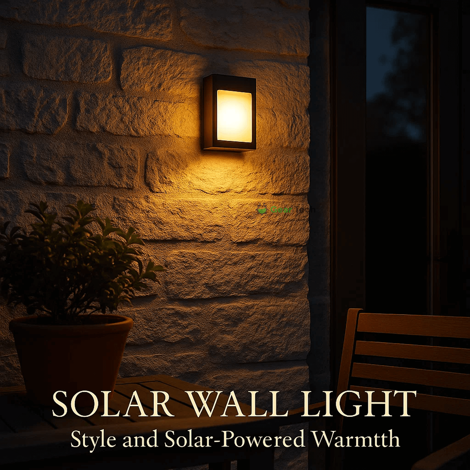 Outdoor Solar LED Wall Light with soft white glow, mounted on patio wall, weather-resistant, perfect for gardens and pathways