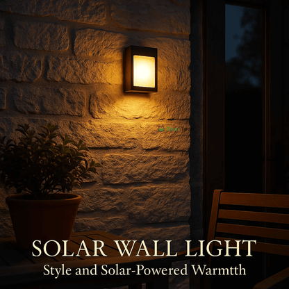 Outdoor Solar LED Wall Light with soft white glow, mounted on patio wall, weather-resistant, perfect for gardens and pathways