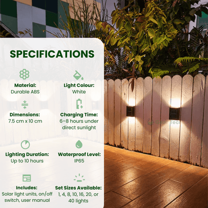 Outdoor Solar LED Wall Light with soft white glow, mounted on patio wall, weather-resistant, perfect for gardens and pathways