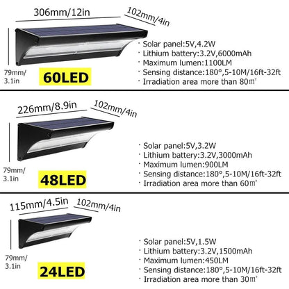 "Outdoor solar LED wall lights with motion sensor, sleek black design, aluminum body, cool white LED, IP66 waterproof."
