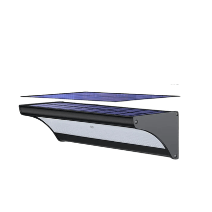 "Outdoor solar LED wall lights with motion sensor, sleek black design, aluminum body, cool white LED, IP66 waterproof."