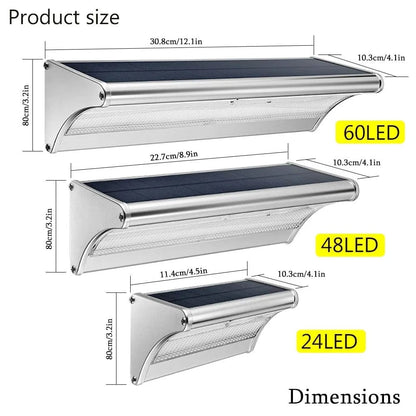 "Outdoor solar LED wall lights with motion sensor, sleek black design, aluminum body, cool white LED, IP66 waterproof."