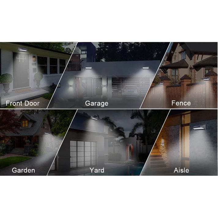 "Outdoor solar LED wall lights with motion sensor, sleek black design, aluminum body, cool white LED, IP66 waterproof."
