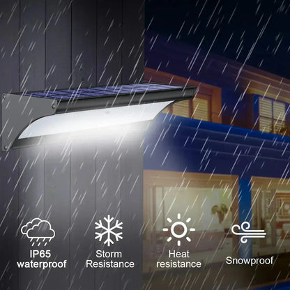 "Outdoor solar LED wall lights with motion sensor, sleek black design, aluminum body, cool white LED, IP66 waterproof."