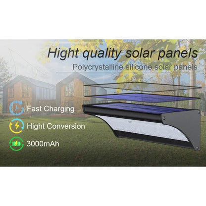 "Outdoor solar LED wall lights with motion sensor, sleek black design, aluminum body, cool white LED, IP66 waterproof."
