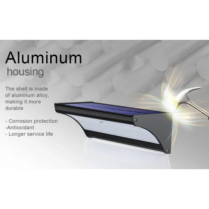 "Outdoor solar LED wall lights with motion sensor, sleek black design, aluminum body, cool white LED, IP66 waterproof."