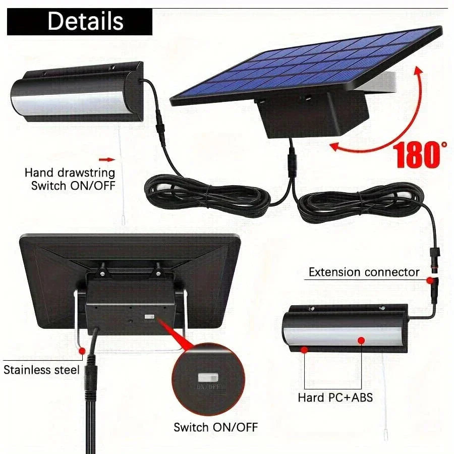 Outdoor Solar Pendant LED Light with dual/single options, art deco style, warm/cool white, weatherproof, 30 LEDs per head.