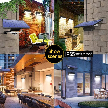 Outdoor Solar Pendant LED Light with dual/single options, art deco style, warm/cool white, weatherproof, 30 LEDs per head.