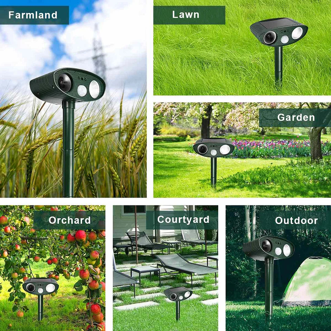 "Outdoor solar-powered ultrasonic deer repeller in garden setting, showcasing green and grey weather-resistant design."
