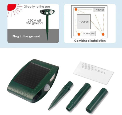 "Outdoor solar-powered ultrasonic deer repeller in garden setting, showcasing green and grey weather-resistant design."