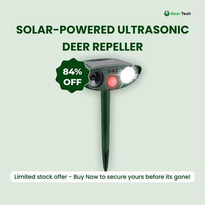 "Outdoor solar-powered ultrasonic deer repeller in garden setting, showcasing green and grey weather-resistant design."