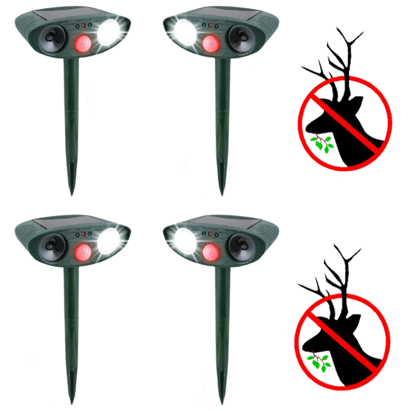 "Outdoor solar-powered ultrasonic deer repeller in garden setting, showcasing green and grey weather-resistant design."