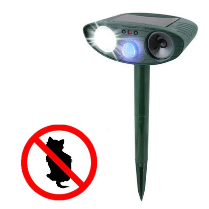 Outdoor solar ultrasonic cat repeller for gardens; eco-friendly device with motion sensors, green and black with solar panel.