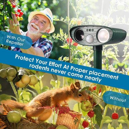 Outdoor solar ultrasonic cat repeller for gardens; eco-friendly device with motion sensors, green and black with solar panel.