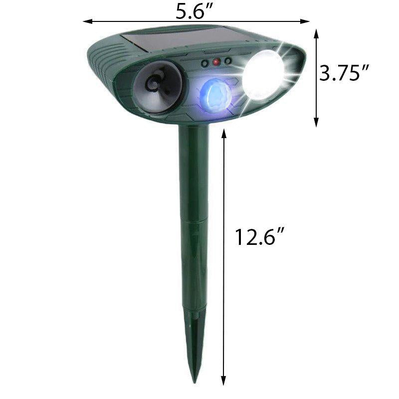 Outdoor solar ultrasonic cat repeller for gardens; eco-friendly device with motion sensors, green and black with solar panel.