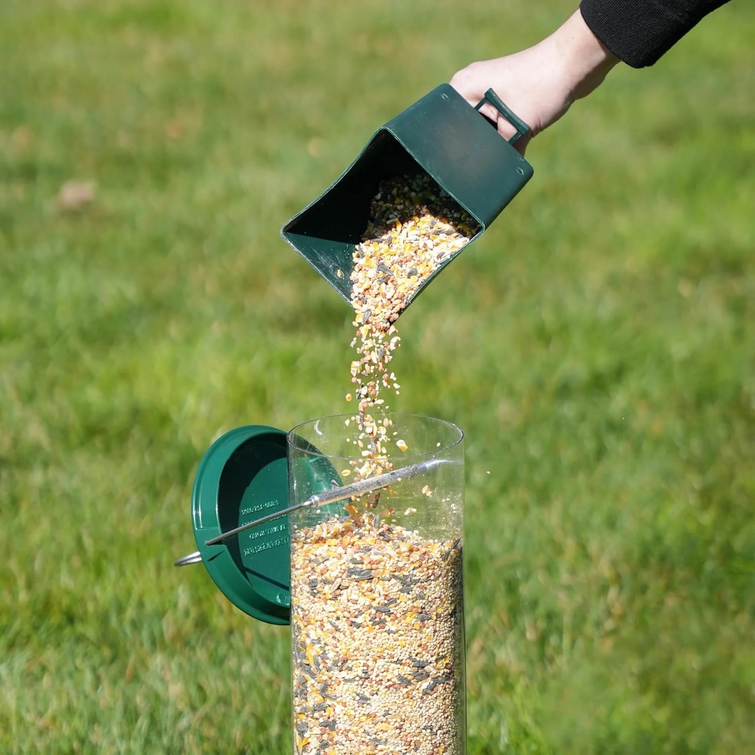 Outdoor squirrel-proof bird feeder with spinning perch, durable metal design, prevents squirrel access, large seed capacity.