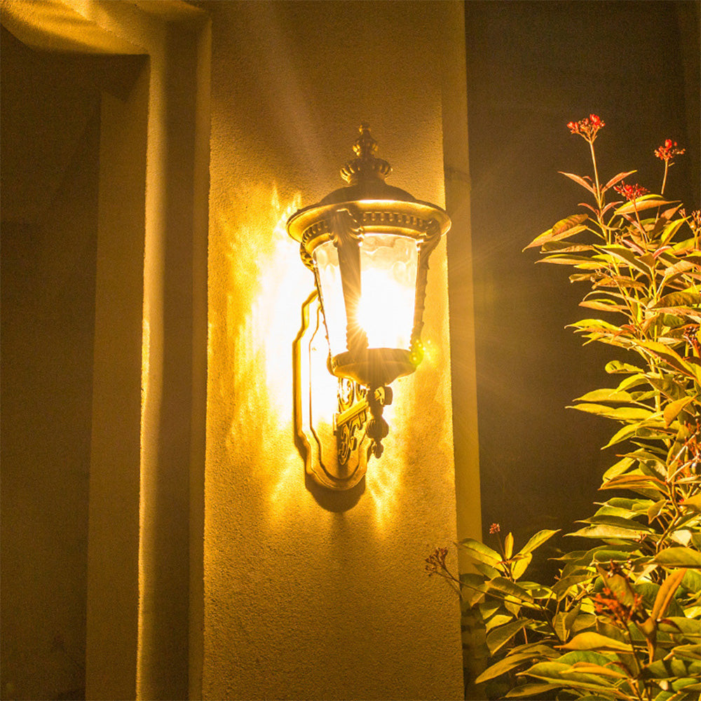 "Outdoor vintage glass wall lantern with aluminum frame, ideal for gardens, porches, providing warm and stylish ambiance."