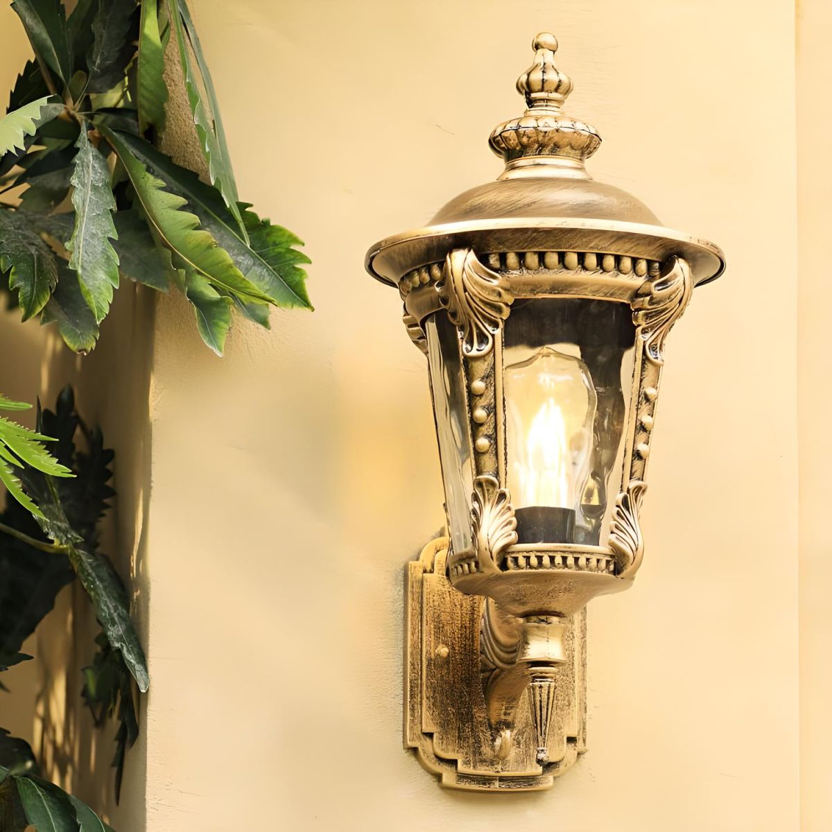 "Outdoor vintage glass wall lantern with aluminum frame, ideal for gardens, porches, providing warm and stylish ambiance."