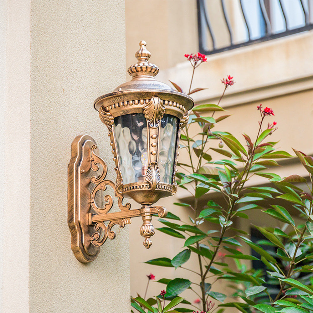 "Outdoor vintage glass wall lantern with aluminum frame, ideal for gardens, porches, providing warm and stylish ambiance."