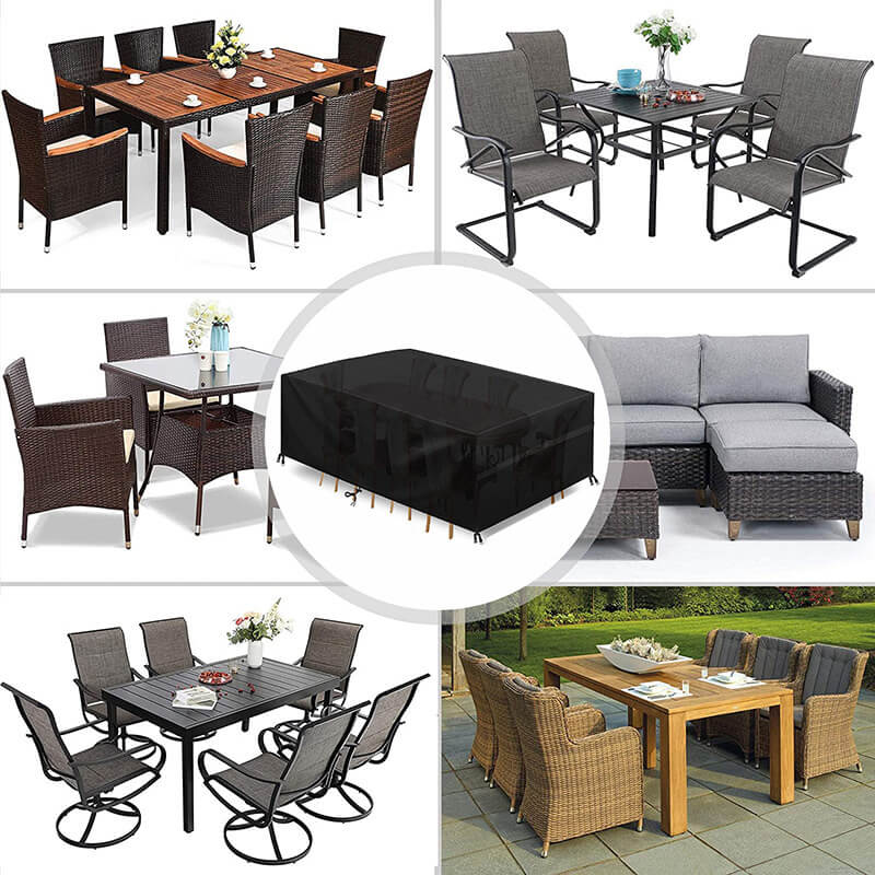 "Outdoor waterproof heavy-duty furniture cover, black 420D Oxford cloth blocks water, dirt. Fits patio furniture set."