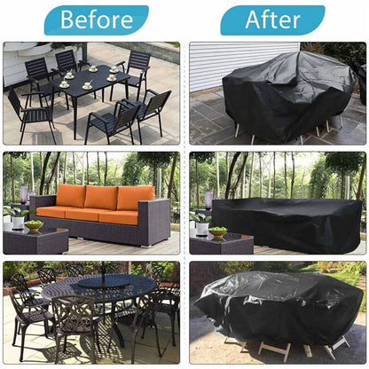 "Outdoor waterproof heavy-duty furniture cover, black 420D Oxford cloth blocks water, dirt. Fits patio furniture set."