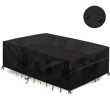 "Outdoor waterproof heavy-duty furniture cover, black 420D Oxford cloth blocks water, dirt. Fits patio furniture set."