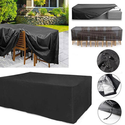 "Outdoor waterproof heavy-duty furniture cover, black 420D Oxford cloth blocks water, dirt. Fits patio furniture set."