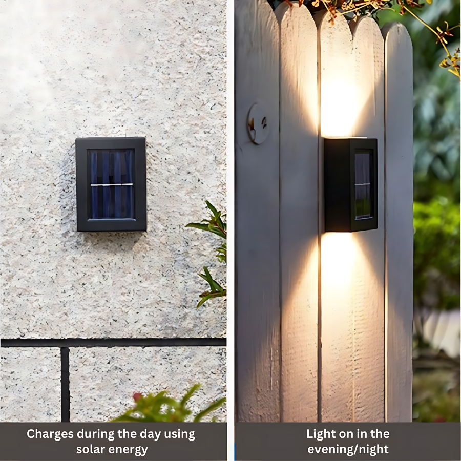 Outdoor waterproof solar wall light with motion sensor, black finish, mounted on a stone wall, illuminating a garden path.
