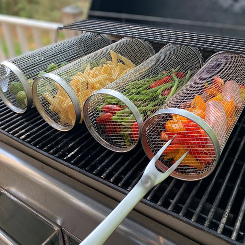 Easy Use Outdoor Grill BBQ Basket - Rotating Steel Grill Top - Luxivelle