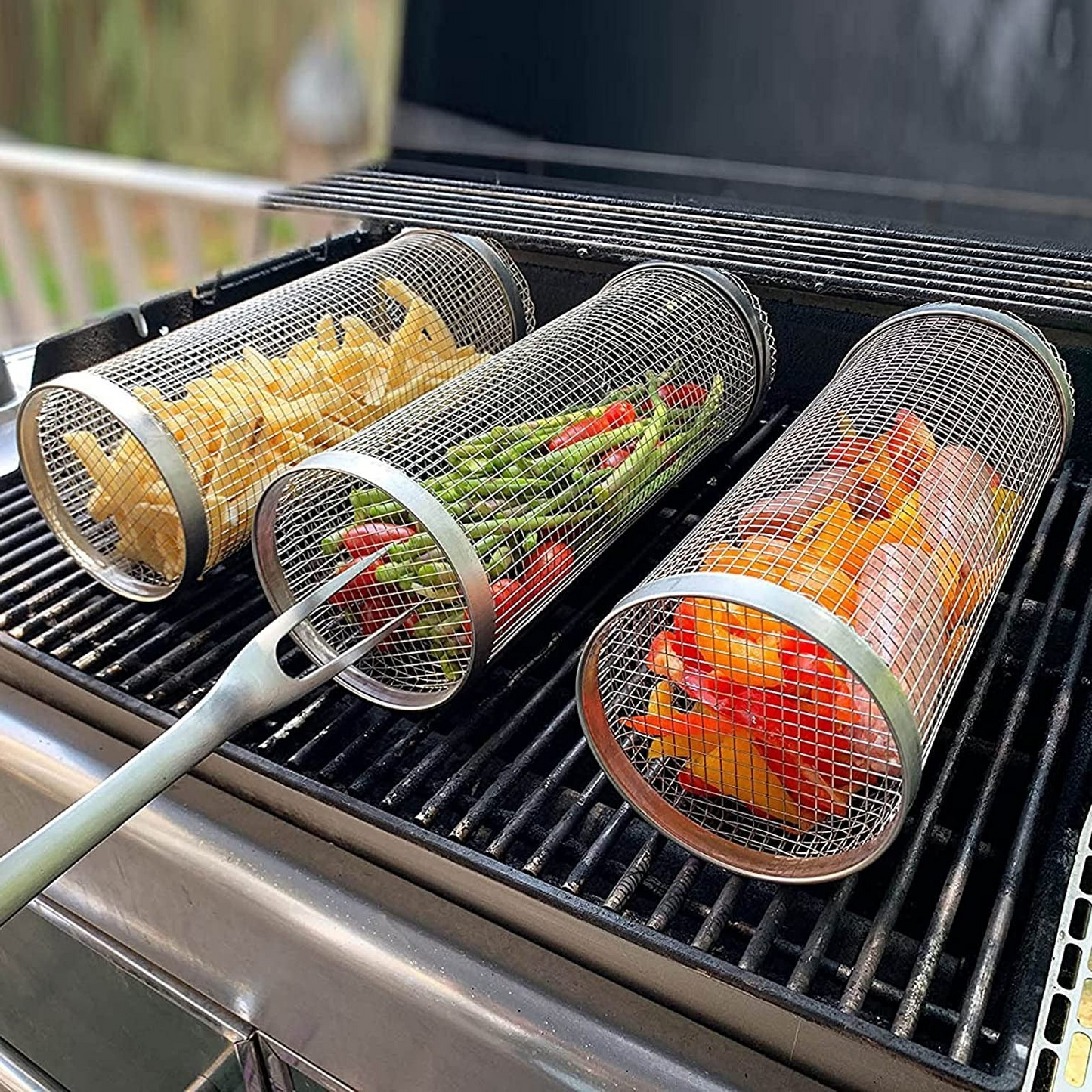 Easy Use Outdoor Grill BBQ Basket - Rotating Steel Grill Top