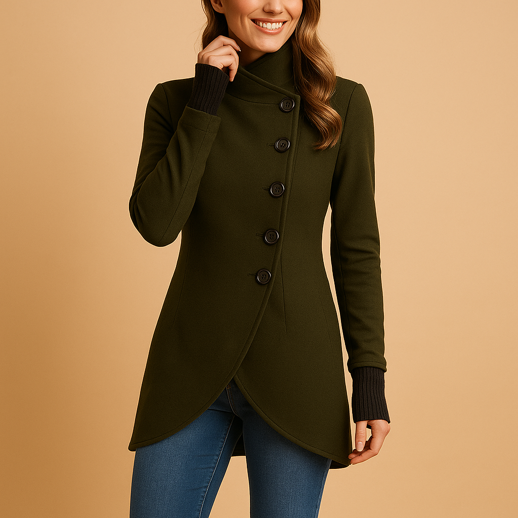 Oversized jacket for women with diagonal button closure and extended cut, perfect for winter layering and stylish cold-weather looks
