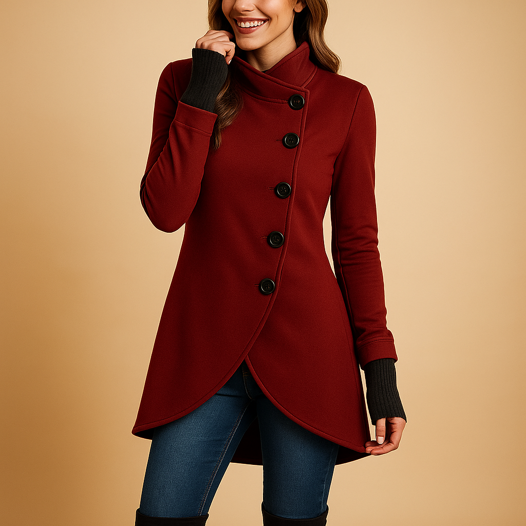 Oversized jacket for women with diagonal button closure and extended cut, perfect for winter layering and stylish cold-weather looks
