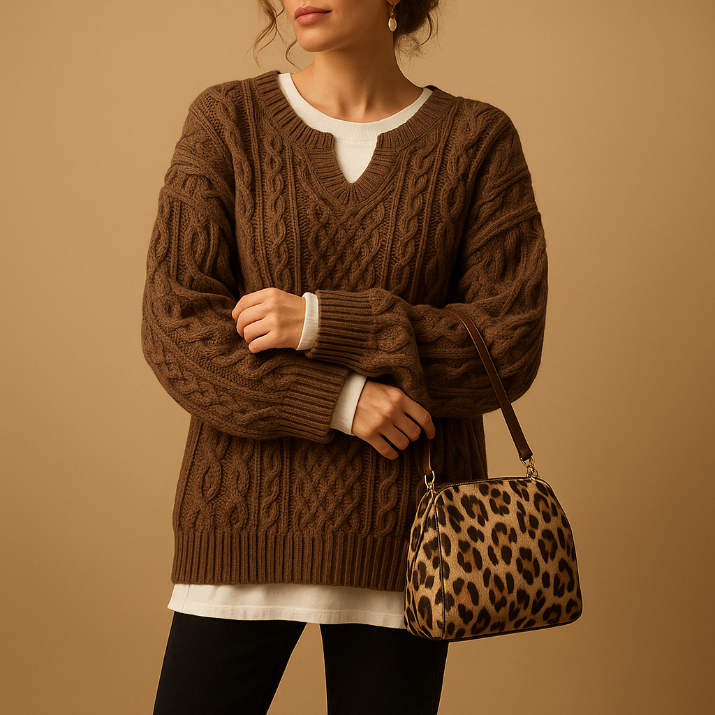 Oversized cable knit sweater for women with chunky pattern and crew neckline, ideal for layering and casual winter fashion.