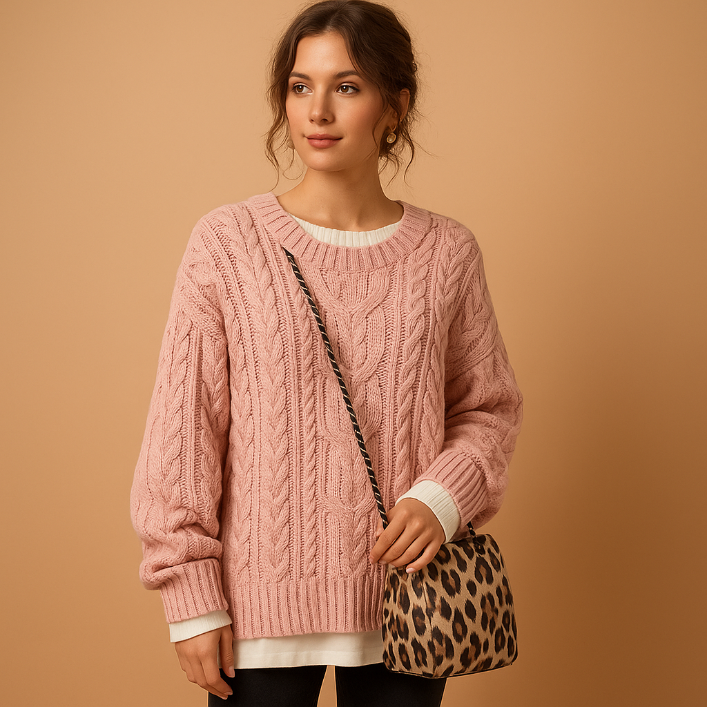 Oversized cable knit sweater for women with chunky pattern and crew neckline, ideal for layering and casual winter fashion.