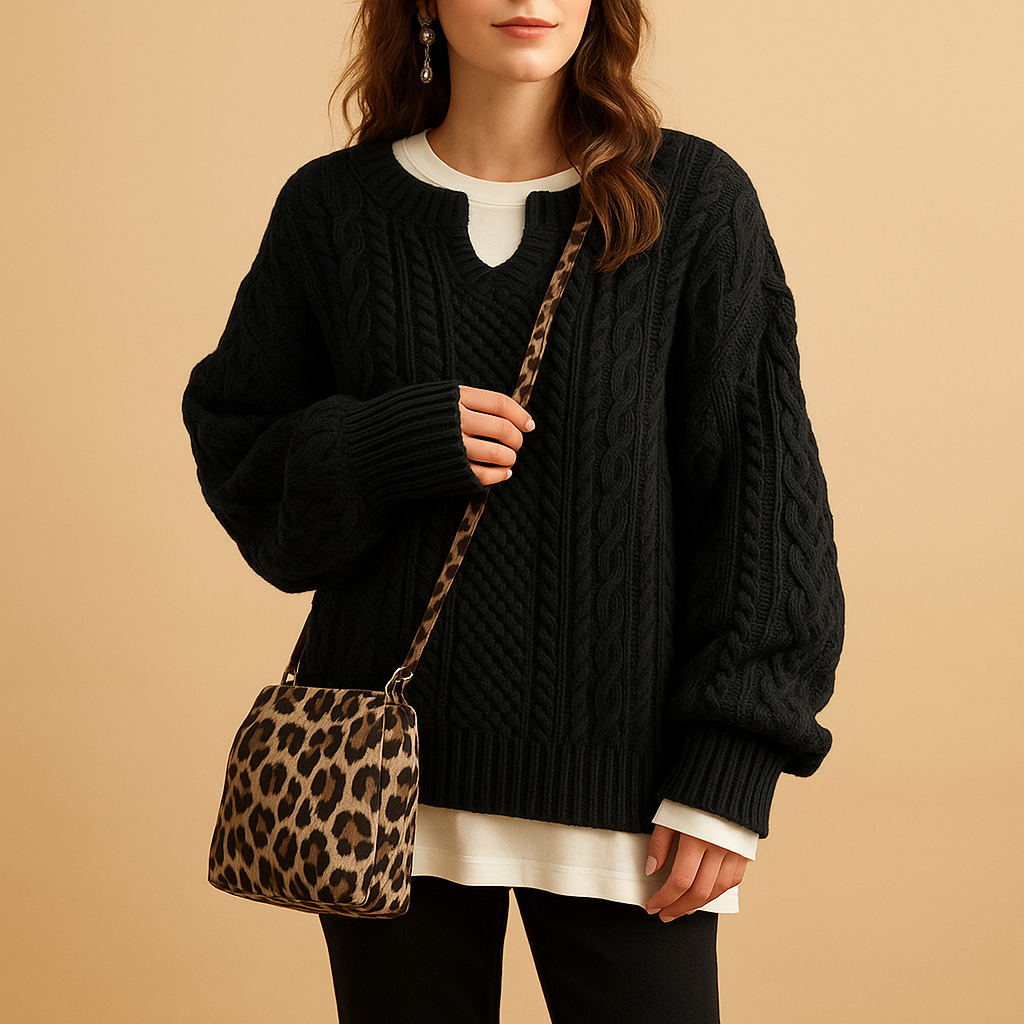 Oversized cable knit sweater for women with chunky pattern and crew neckline, ideal for layering and casual winter fashion.