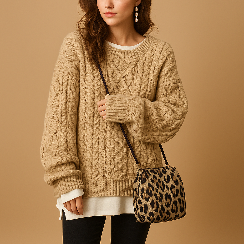 Oversized cable knit sweater for women with chunky pattern and crew neckline, ideal for layering and casual winter fashion.