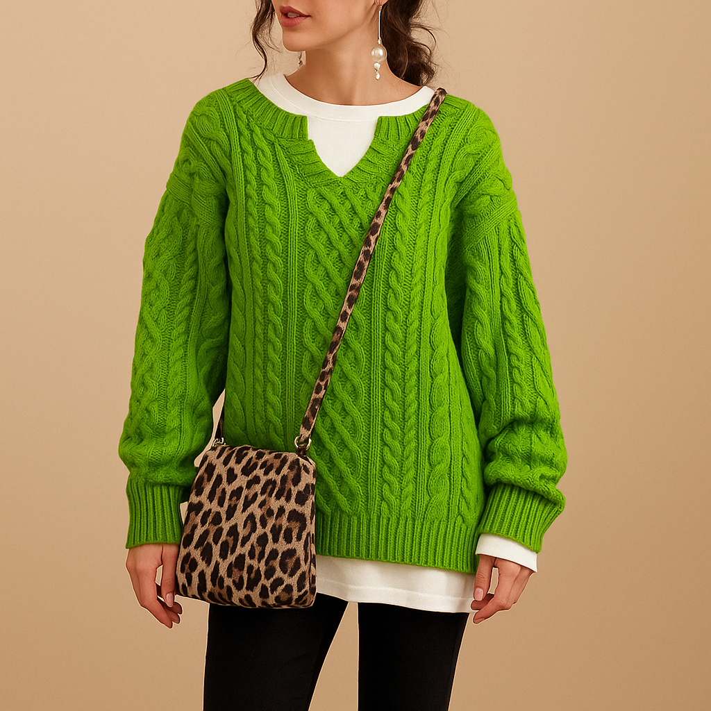 Oversized cable knit sweater for women with chunky pattern and crew neckline, ideal for layering and casual winter fashion.