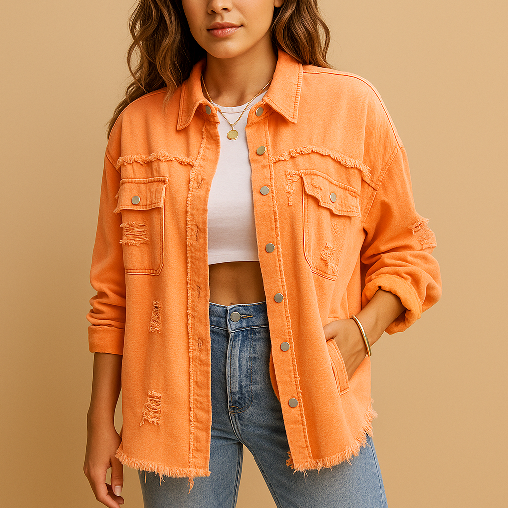 Relaxed Fit Ripped Women's Jeans Jacket - Luxivelle