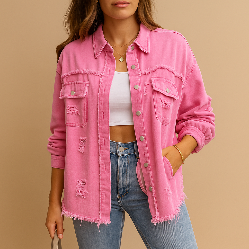 Oversized distressed denim jacket for women with soft-touch fabric and long sleeves, ideal for casual or elevated outfits.