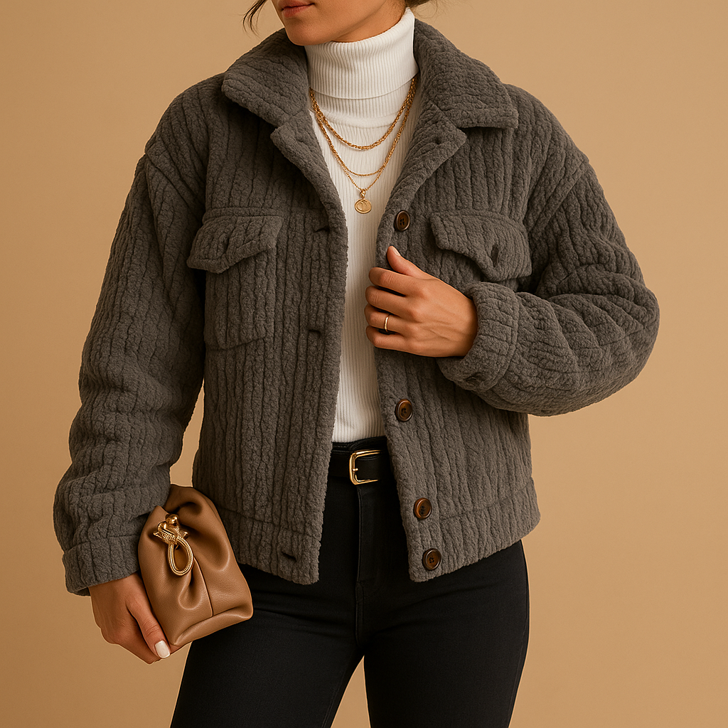 Oversized women’s jacket in neutral tones with pearl button details and flap pockets, perfect for stylish layering in cool seasons